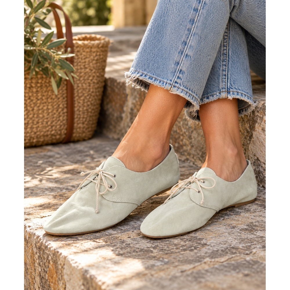 Hobes Suede Lace Up Flats EU 39 Soft Sage Green Balletcore Minimalist Shoes